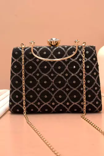   black based silver sequins embroidery clutch bag for women with detachble strap