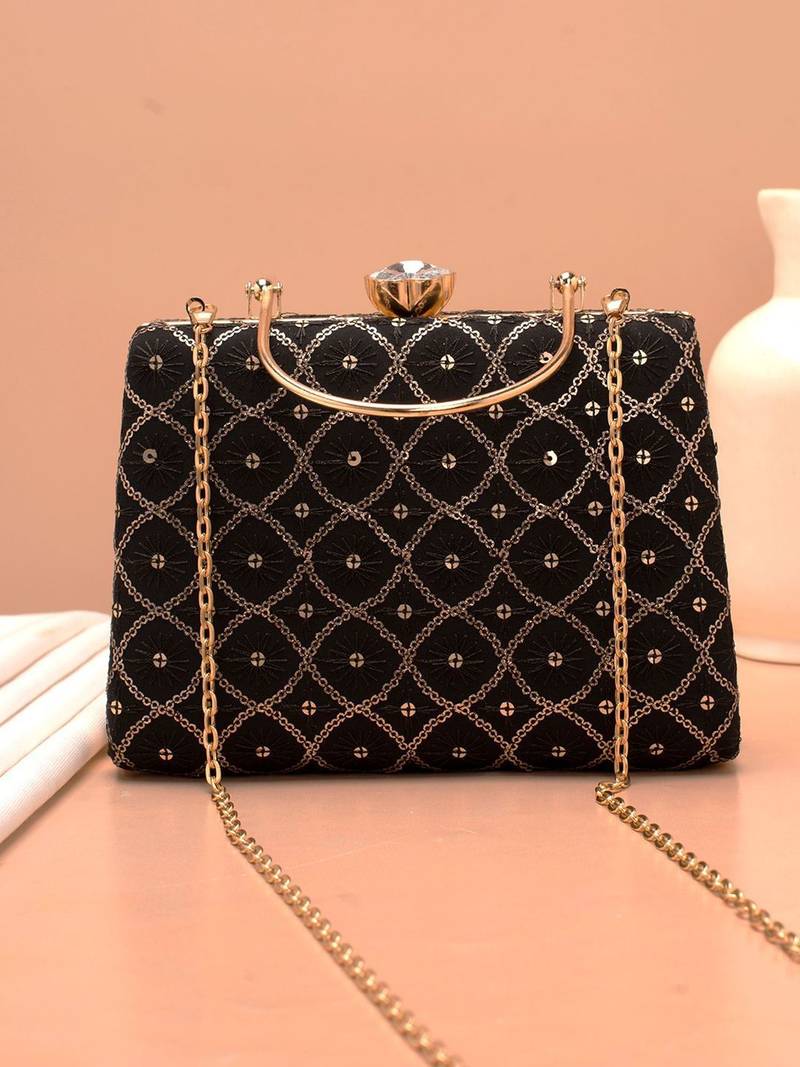   black based silver sequins embroidery clutch bag for women with detachble strap