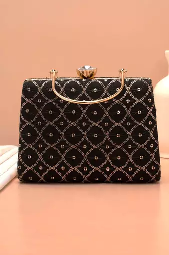   black based silver sequins embroidery clutch bag for women with detachble strap