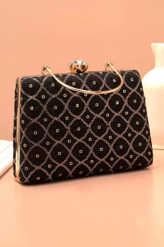   black based silver sequins embroidery clutch bag for women with detachble strap