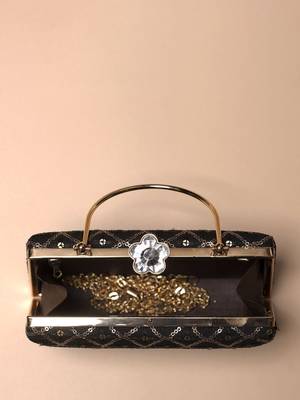   black based silver sequins embroidery clutch bag for women with detachble strap 4