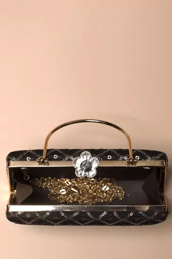   black based silver sequins embroidery clutch bag for women with detachble strap