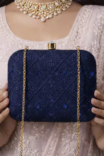   royal blue based sequins embroidery clutch bag for wonen with detachable strap