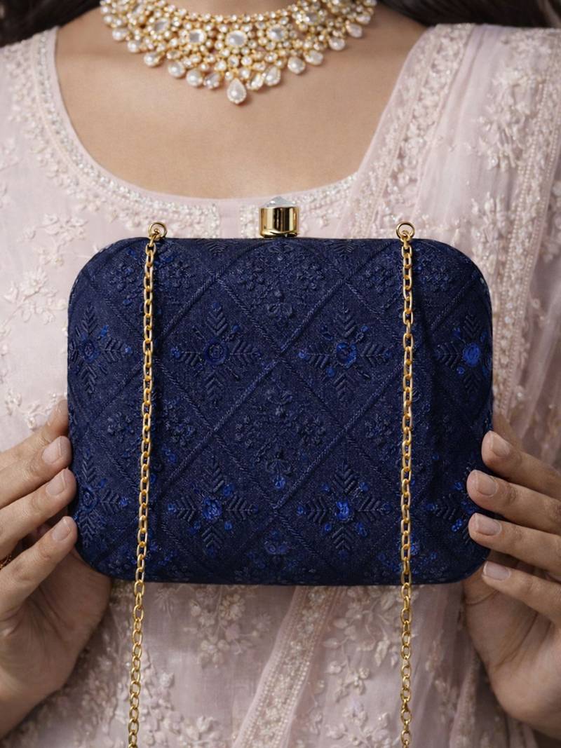   royal blue based sequins embroidery clutch bag for wonen with detachable strap