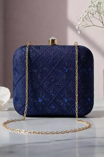   royal blue based sequins embroidery clutch bag for wonen with detachable strap