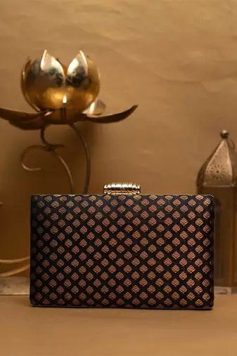   embroidered brocade box clutch bag for women with detachble strap