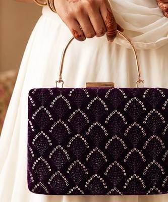 purple based sequins pattern embroidery clutch bag for women with detachble strap 1