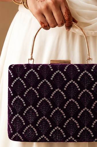 purple based sequins pattern embroidery clutch bag for women with detachble strap