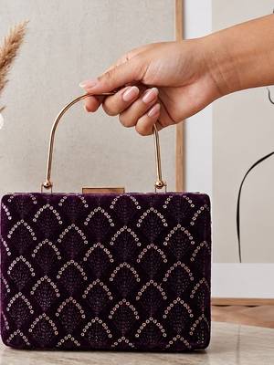 purple based sequins pattern embroidery clutch bag for women with detachble strap 2