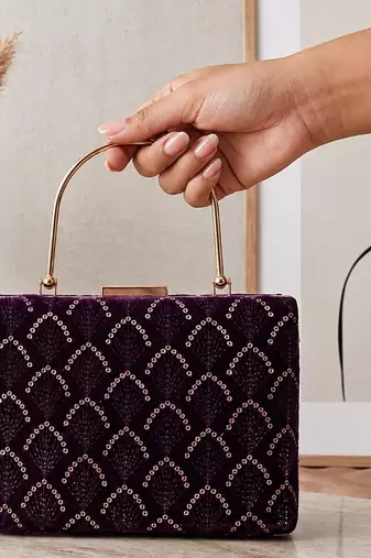 purple based sequins pattern embroidery clutch bag for women with detachble strap