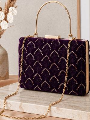 purple based sequins pattern embroidery clutch bag for women with detachble strap 3