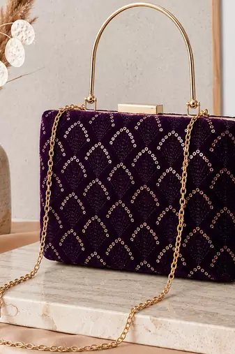purple based sequins pattern embroidery clutch bag for women with detachble strap
