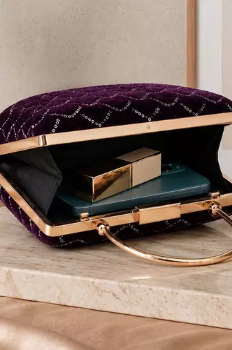 purple based sequins pattern embroidery clutch bag for women with detachble strap