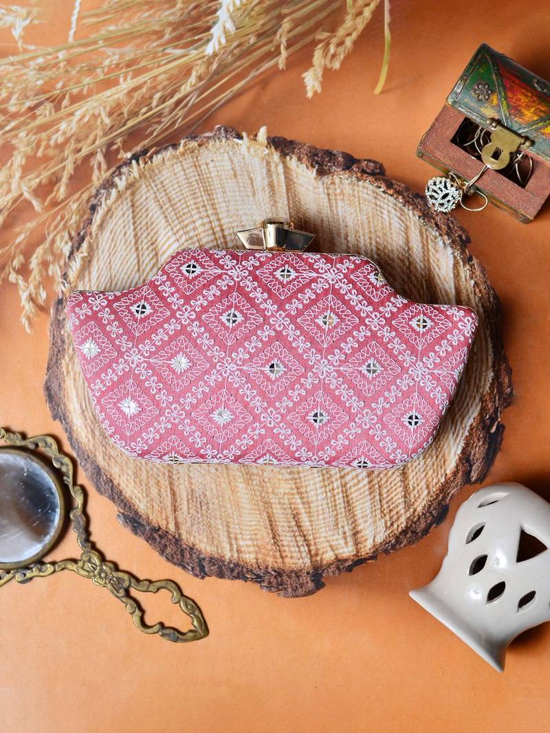  women pink & white embroidered box clutch bag for women with detachble strap