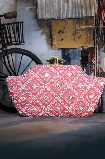   women pink & white embroidered box clutch bag for women with detachble strap
