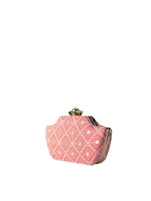   women pink & white embroidered box clutch bag for women with detachble strap 3