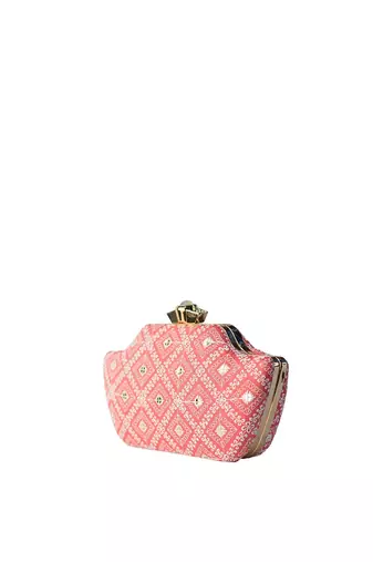   women pink & white embroidered box clutch bag for women with detachble strap