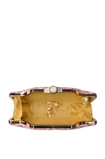   women pink & white embroidered box clutch bag for women with detachble strap