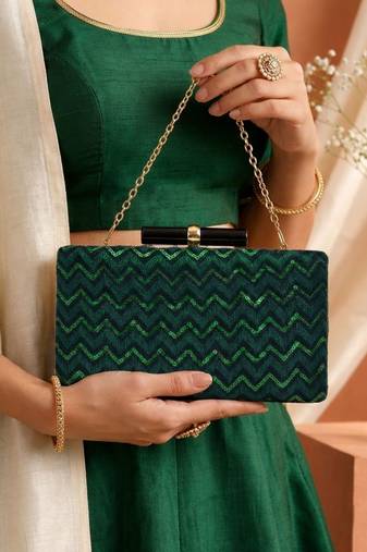   green designer embroidred clutch bag for women with detachble strap