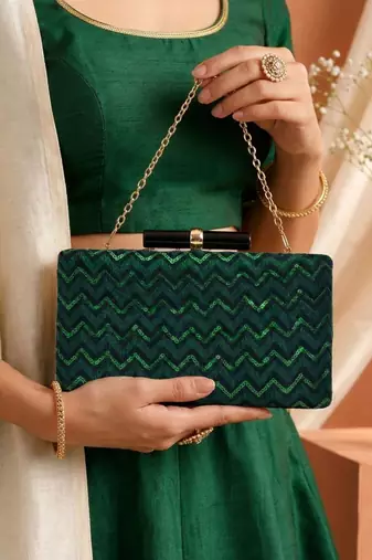   green designer embroidred clutch bag for women with detachble strap