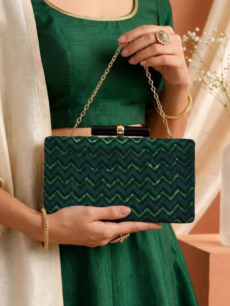   green designer embroidred clutch bag for women with detachble strap