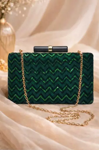   green designer embroidred clutch bag for women with detachble strap