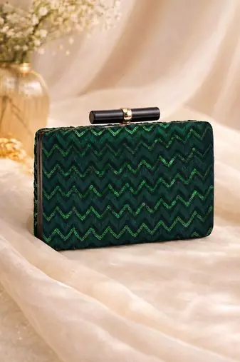   green designer embroidred clutch bag for women with detachble strap