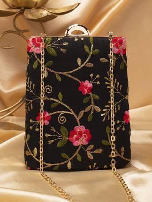   black based pink floral embroidery clutch bag for women 1