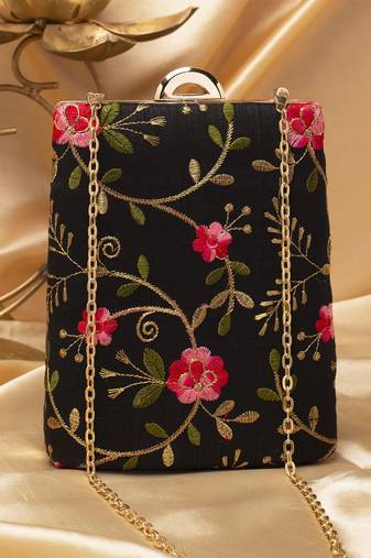   black based pink floral embroidery clutch bag for women