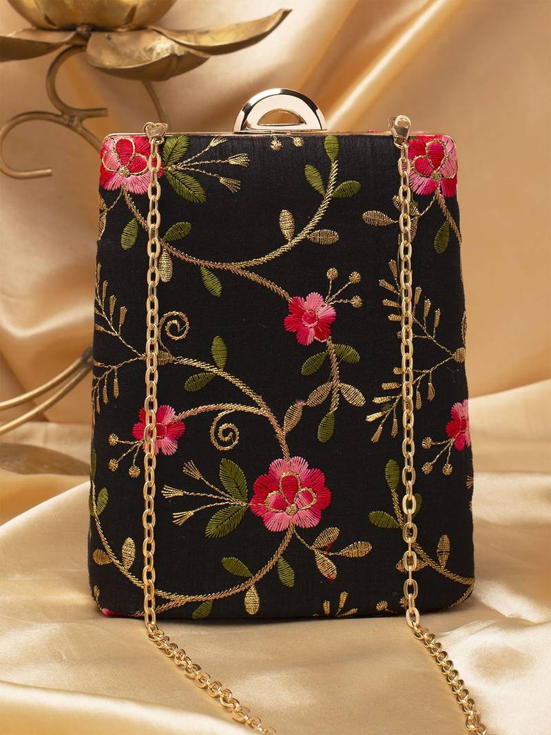   black based pink floral embroidery clutch bag for women