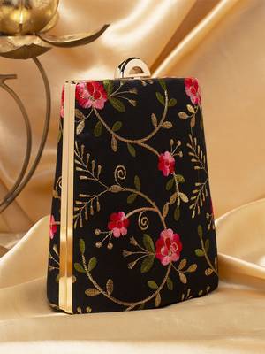   black based pink floral embroidery clutch bag for women 2