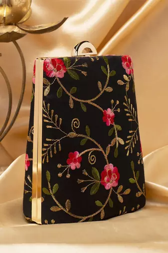   black based pink floral embroidery clutch bag for women