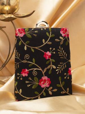  black based pink floral embroidery clutch bag for women 3