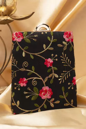   black based pink floral embroidery clutch bag for women