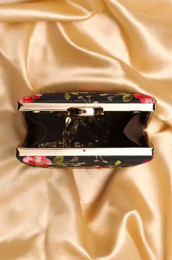   black based pink floral embroidery clutch bag for women