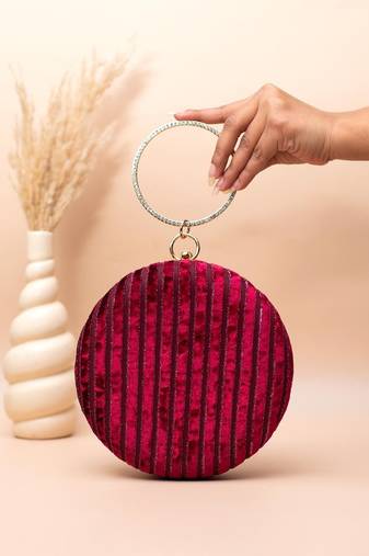   crimson luxe velvet stripe embroidery clutch bag for women with detachble strap