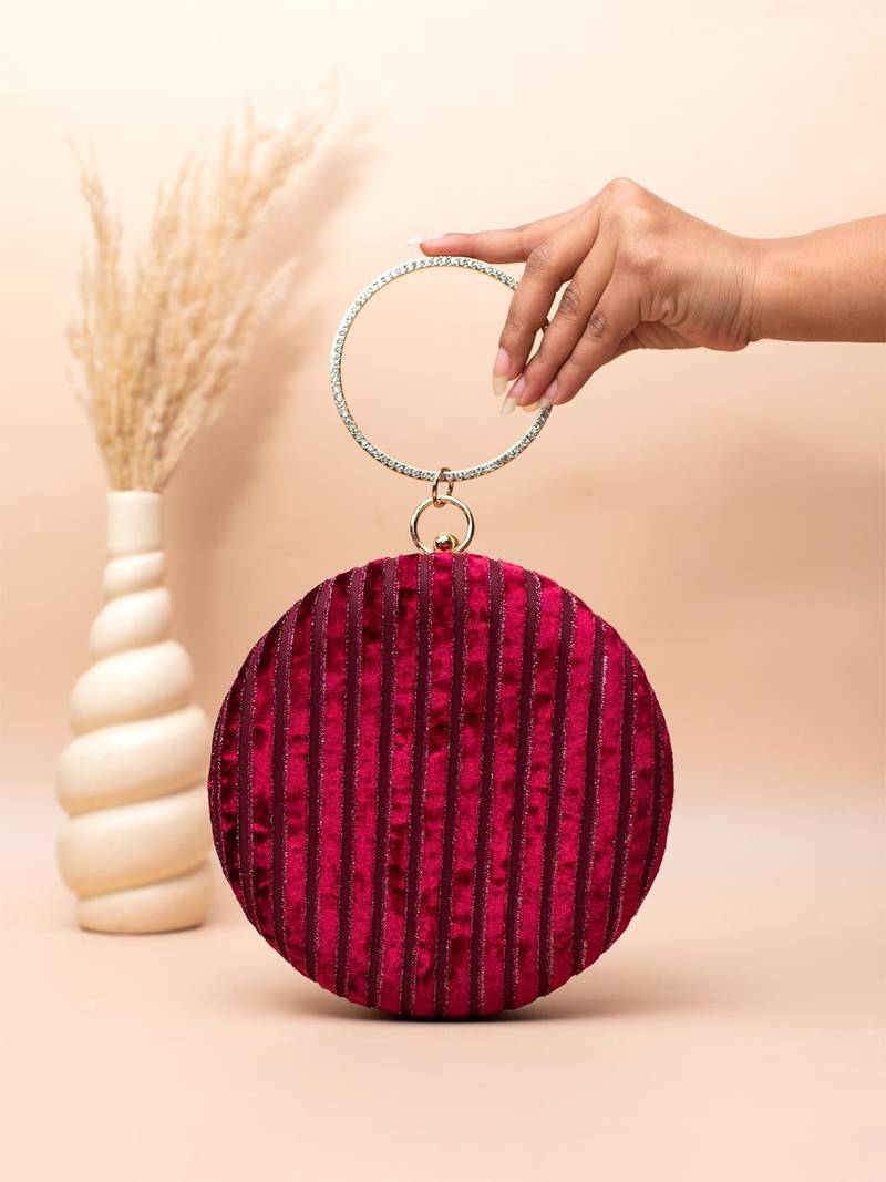  crimson luxe velvet stripe embroidery clutch bag for women with detachble strap