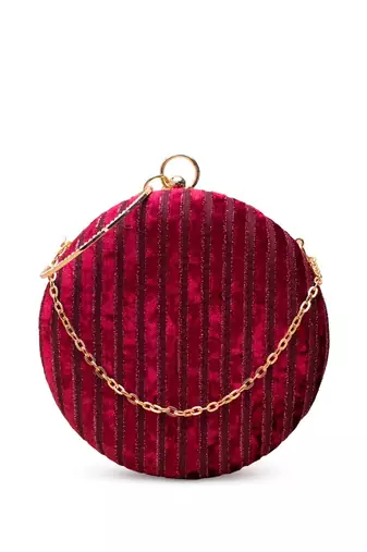  crimson luxe velvet stripe embroidery clutch bag for women with detachble strap