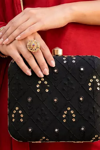   black  gold-toned embroidered embellished box clutch bag for women with detachble strap