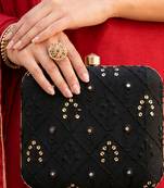   black  gold-toned embroidered embellished box clutch bag for women with detachble strap