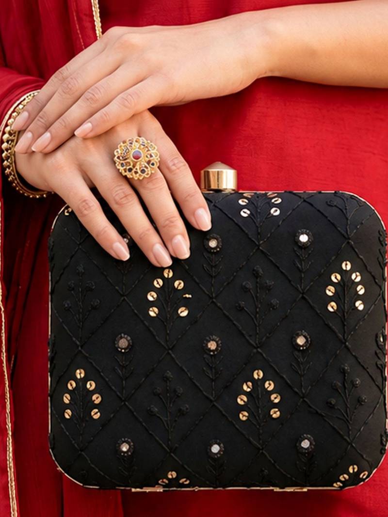   black  gold-toned embroidered embellished box clutch bag for women with detachble strap