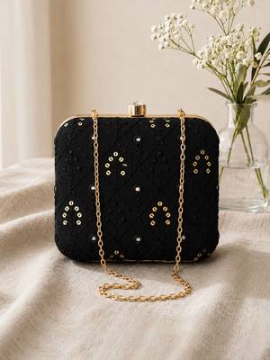   black  gold-toned embroidered embellished box clutch bag for women with detachble strap 2