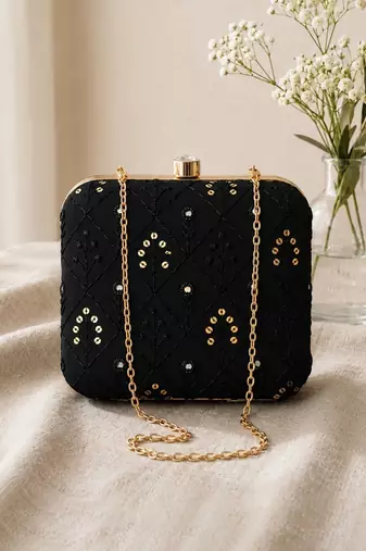   black  gold-toned embroidered embellished box clutch bag for women with detachble strap