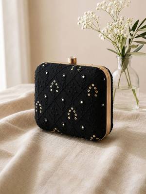   black  gold-toned embroidered embellished box clutch bag for women with detachble strap 3
