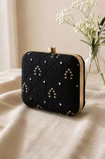   black  gold-toned embroidered embellished box clutch bag for women with detachble strap