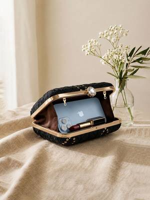   black  gold-toned embroidered embellished box clutch bag for women with detachble strap 4