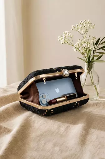   black  gold-toned embroidered embellished box clutch bag for women with detachble strap