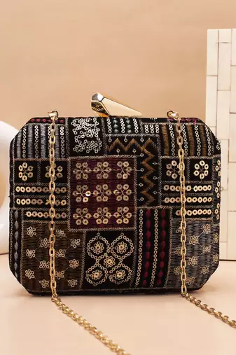   black based sequins and threadwork embroidery clutch bag for women