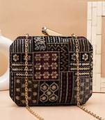  black based sequins and threadwork embroidery clutch bag for women