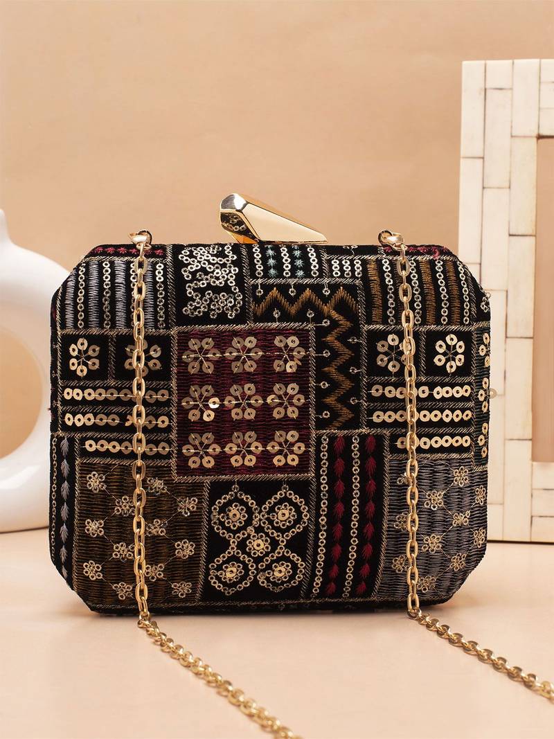   black based sequins and threadwork embroidery clutch bag for women